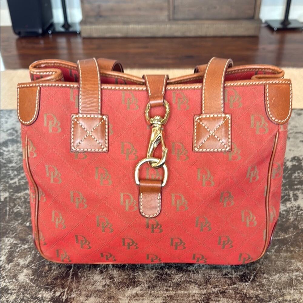 Dooney & Bourke Red Signature Jacquard and Leather Handbag 12x9x6"